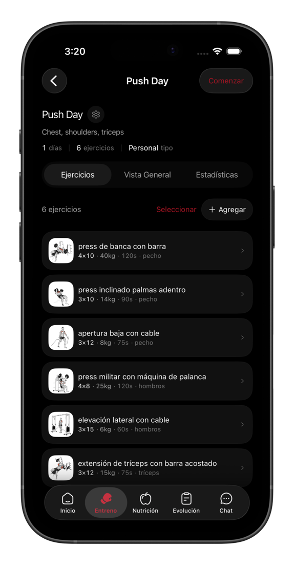 Pantalla de entrenos